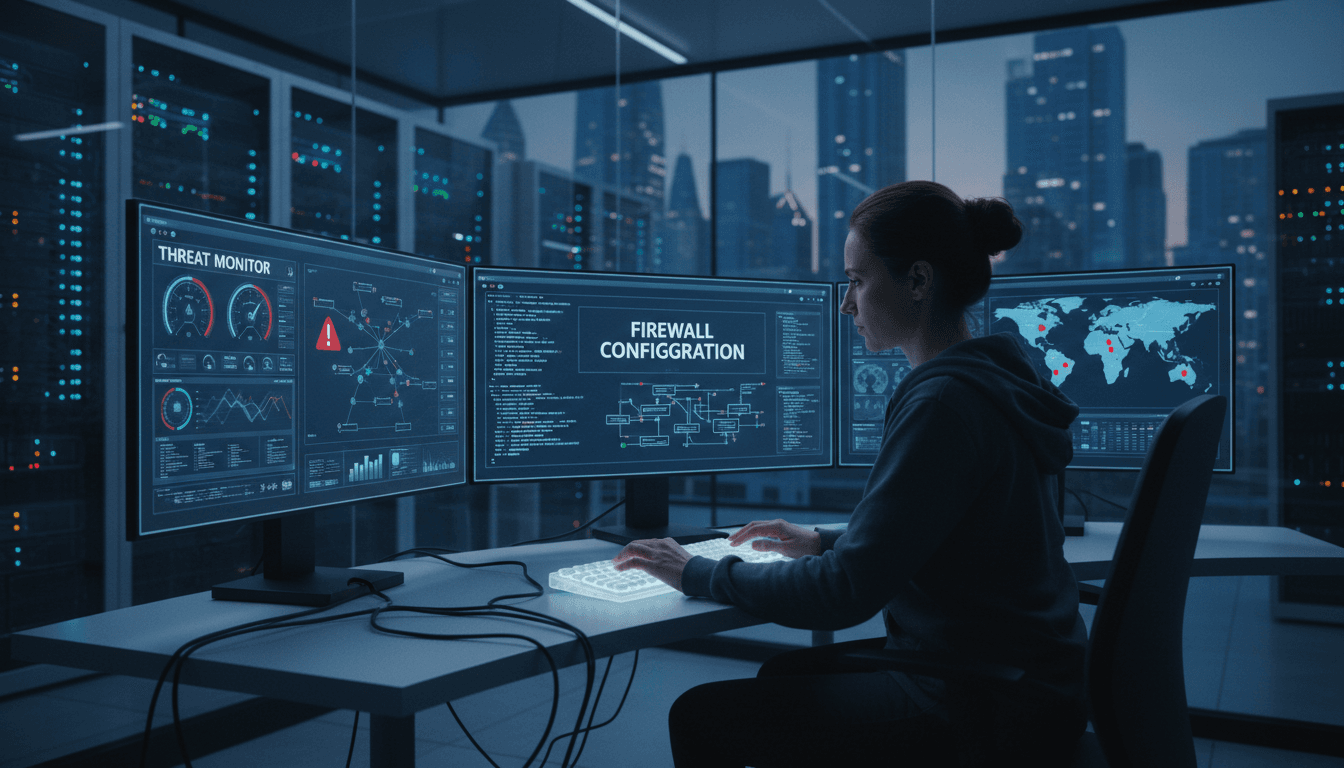 Cybersecurity engineer working on firewall configuration and network security dashboard